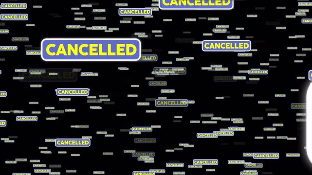 CANCELLED word flying through space On transparent background overlay matte