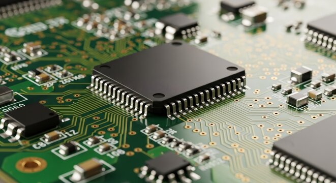 Computer chip closeup on green circuit board. Electronic component for microchip, CPU, smart device, or network server hardware. Technology concept. - Powered by Adobe