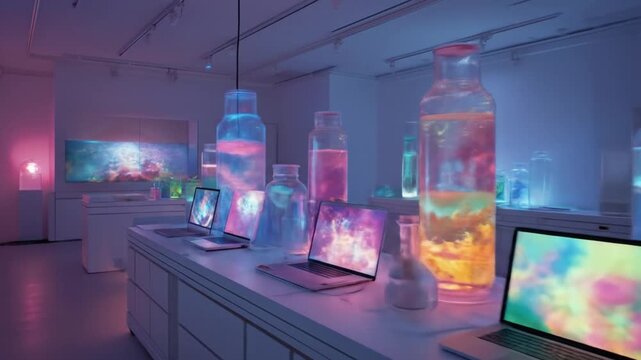 Laboratory science display featuring glowing bottles and digital screens