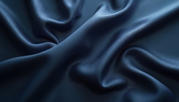 Close up photo of elegant indigo silk fabric with smooth waves. Luxurious textile background is perfect for fashion design projects. Soft cloth texture creates beautiful draped effect.