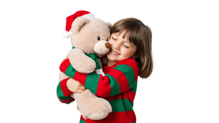 A young girl hugs a teddy bear wearing a santa hat