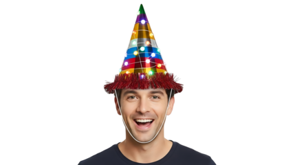 Cheerful man wearing a colorful party hat with glowing lights, a joyful and festive celebration. The man has a big smile on his face, evoking happiness and fun