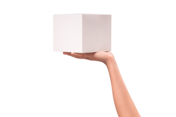 Close-up of a hand holding a closed new white package box isolated on a transparent PNG. High quality studio shoot. concept for business, shopping, transportation, technology and advertising.