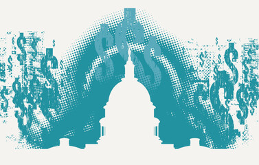 Vector banner on theme of banking, finance and money, tariffs and sanctions with image of US Capitol in Washington in grunge style against the background  dollar signs. No ai