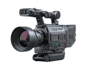 Professional video camera, black, large lens, electronic viewfinder