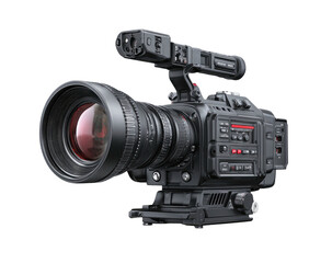 Professional video camera with a large lens on a black backdrop