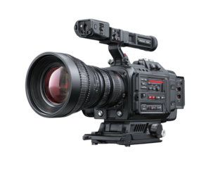 Professional video camera with a large lens on a black backdrop