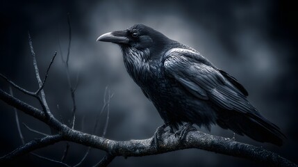 Obraz premium Dark feathered corvid perches upon a bare tree branch in low light