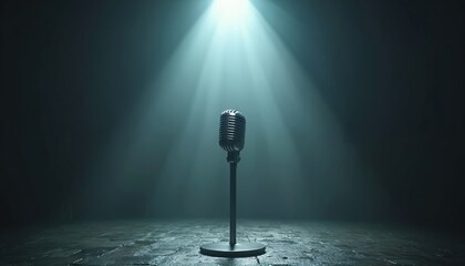 Vintage microphone stands on stage under spotlight beam. Retro mic isolated on dark. Concert stage with spotlight. Classic microphone under bright light in empty dark room. Music instrument.