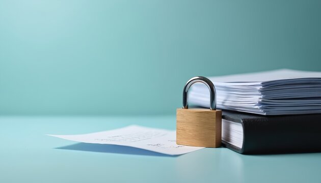 Wooden padlock secures stack of papers and book on light desk. Confidential files safeguarded, information protected. Private business documents safe, office privacy concept. Secure data storage.