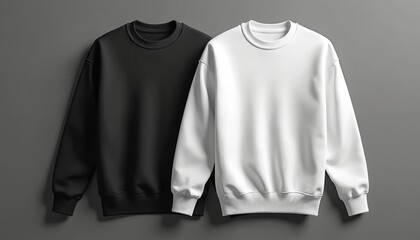 Black and white sweatshirts isolated on grey background. Clothes mockup for design presentation. Apparel template with empty space for brand logo. Casual wear for print.