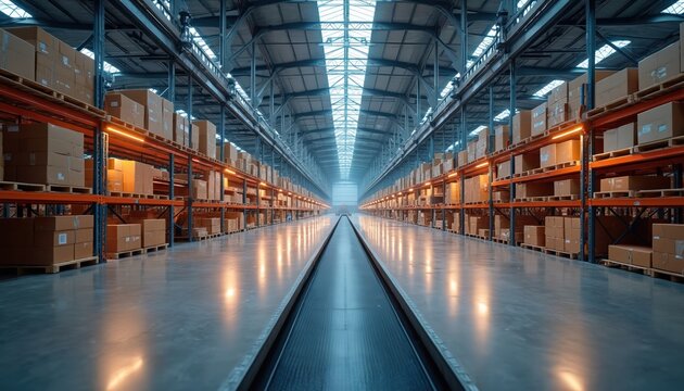 Vast modern warehouse interior with high ceiling and bright lights. Rows of shelves hold many boxes. A conveyor belt runs through the center.