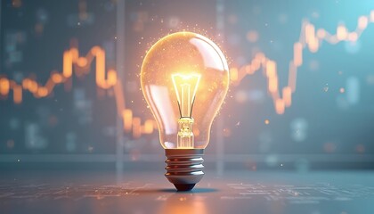 Glowing light bulb represents bright business idea. Financial stock market chart in background shows investment growth. Innovation strategy concept for analyzing data, finding solutions, achieving