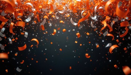 Orange and silver streamers plus confetti fall against dark backdrop. Glittering star shapes and paper bits create festive celebration atmosphere. Dynamic party motion adds joy and fun.