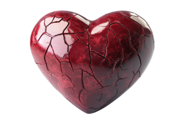 Vibrant 3D broken heart emoji in rich red color with textured cracked surface under bright illumination isolated on transparent background PNG