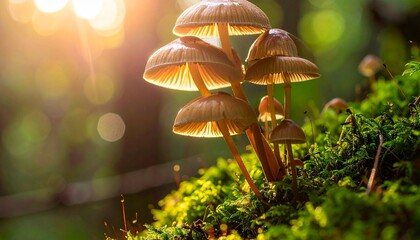 Magical group of sunlit wild mushrooms growing on vibrant green moss in a mystical forest, beautifully backlit by golden hour light with shimmering bokeh and lens flare.