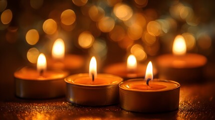 Several glowing small candles illuminate a dark surface with a soft, warm background bokeh effect
