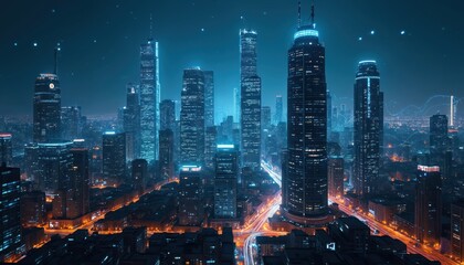 Futuristic city skyline at night with glowing skyscrapers and light trails on roads. Urban landscape features advanced architecture and digital data streams creating a vibrant metropolis.