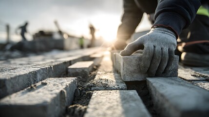 Construction worker places paving block with bright sunlight illuminating the work surface