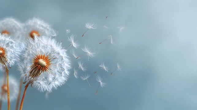 Several mature dandelion seed heads release fluffy achenes into a soft, muted background