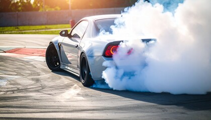 White sports car drifting on race track creating thick tire smoke during a sunny performance event.