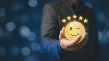 A person in a suit holds a glowing yellow smiley face with five golden stars above symbolizing excellent customer feedback and satisfaction rating service happy emoji experience positive