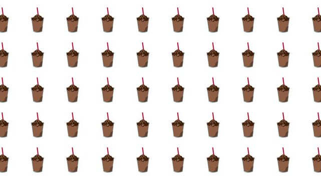 Repeating pattern of choco milkshakes with straws, refreshing design for packaging, social media graphics, cafe menu, or party invitations.
