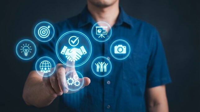 Businessman interacting with a digital interface displaying icons representing a handshake target lightbulb globe teamwork camera gears and presentation technology network success goal - Powered by Adobe
