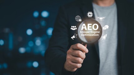 Person holding magnifying glass over AEO Answer Engine Optimization text surrounded by icons of AI globe people megaphone drone chat bubble and rocket Artificial Intelligence Search Engine