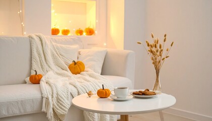 Cozy autumn living room with white sofa, knit blanket, decorative pumpkins, hot coffee, cookies, and warm string lights