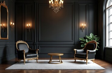 Classic interior setting features ornate black armchairs with golden accents. Room has dark paneled walls, crystal chandelier and plant. Golden table sits on soft white rug above wood floor.