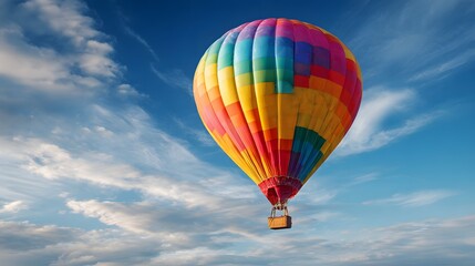 Vibrant multicolored inflatable aircraft ascends high into the bright blue sky with wispy white clouds.