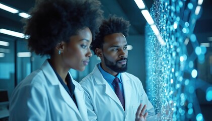 Two african researchers collaborate inside futuristic lab. Scientists in white coats study digital hologram virtual network. Professionals explore modern tech, data analysis and innovation.
