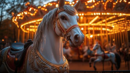 A captivating close-up shot of a white horse with golden accents, illuminated by the soft light of dusk on a vintage carousel.