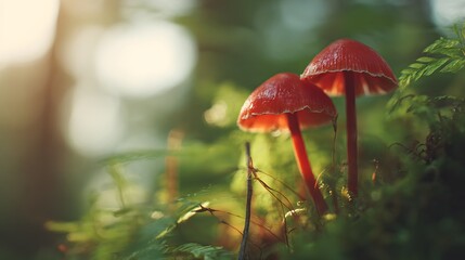 Fototapeta premium Two vibrant red fungi emerge from damp, green forest undergrowth illuminated by soft light