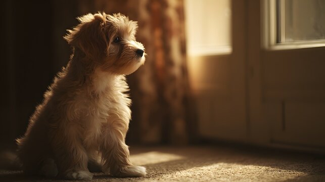 Fluffy golden puppy sits patiently in a shaft of warm indoor sunlight