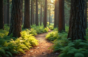 Sunlight streams through tall trees onto a winding forest path. Green ferns line the dirt trail, creating a serene natural landscape. Explore woods, walk through trees, enjoy nature, summer hike.