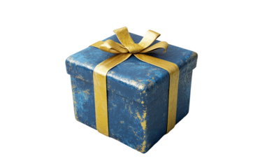 Ultra realistic 3D gift box emoji showing vibrant blue wrapping, shiny golden bow, and detailed dimensional depth isolated on transparent background PNG
