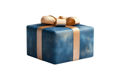 Lifelike 3D gift box emoji designed with blue wrapping paper, golden ribbon, and refined realistic textures isolated on transparent background PNG