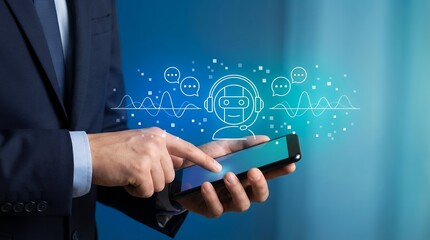 A businessman in a dark suit interacts with a smartphone displaying an interface with a chatbot icon waveforms and chat bubbles against a blue gradient background artificial intelligence