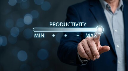 A man in a suit touches a glowing slider labeled Productivity with options ranging from Min to Max on a dark bokeh filled background suggesting business growth screen technology progress