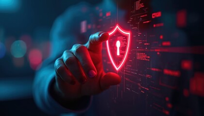 Hand touches digital shield with keyhole on data screen. Futuristic concept for cyber security, identity protection, and network privacy. Information flow with glowing red interface.