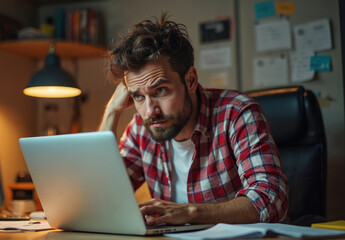 Man sits at desk using laptop looking worried. Person working late at night, under stress. Frustrated businessman facing work problems or deadlines. Overwhelmed employee needs help.