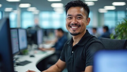 Smiling Asian man works in office. He wears headset and looks at monitor. Colleagues busy at desks in background. Modern workspace with computers and tech.