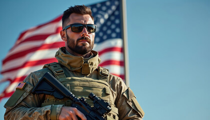 Obraz premium US soldier in tactical gear holds rifle near American flag outdoors. Confident man wears sunglasses and uniform, representing national pride and defense force.