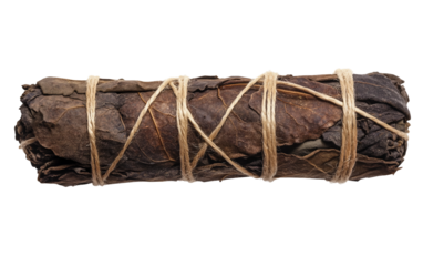 Aromatic sage bundle tied with natural twine showcasing traditional smudging practices and holistic energy clearing isolated on transparent background PNG