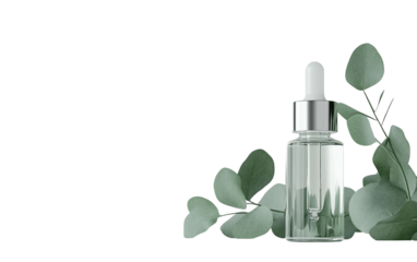 Dropper bottle of eucalyptus essential oil highlighting natural aromatherapy benefits and fresh herbal fragrance isolated on transparent background PNG
