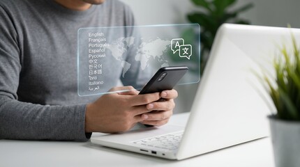 A person holds a smartphone displaying various languages and a world map on a holographic interface above a laptop translation mobile app technology communication international global