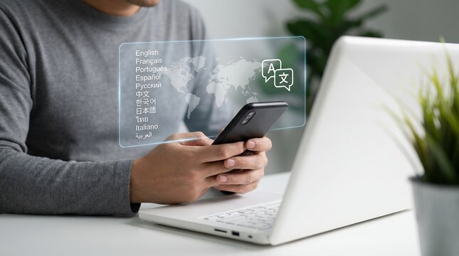 A person holds a smartphone displaying various languages and a world map on a holographic interface above a laptop translation mobile app technology communication international global