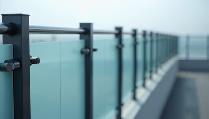 Close view of modern frosted glass balcony railing with metal posts. Contemporary design feature glass panels, stainless steel hardware. Minimalist architecture with blurred background shows terrace